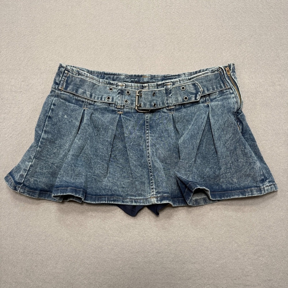 Refuge Jean Mini Skort Women's Large Blue Acid Wash Pleated Belted Hipster Y2K